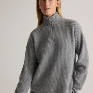 Quince Cashmere Gray Ribbed Half-Zip Fisherman Turtleneck Sweater